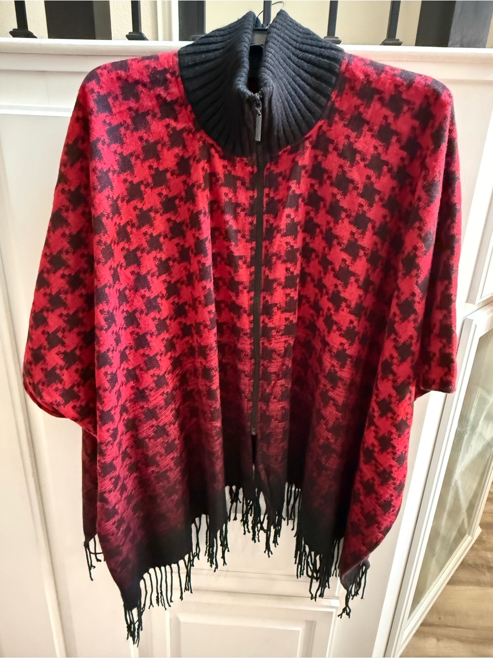 Red and‎ Black Houndstooth Zip-Front Poncho Coat with Fringe